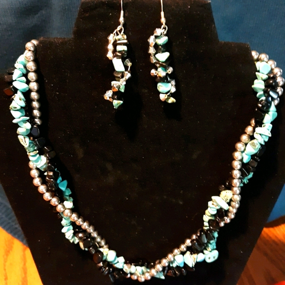 Turquoise,  Silver & Onyx 3 Strand Necklace